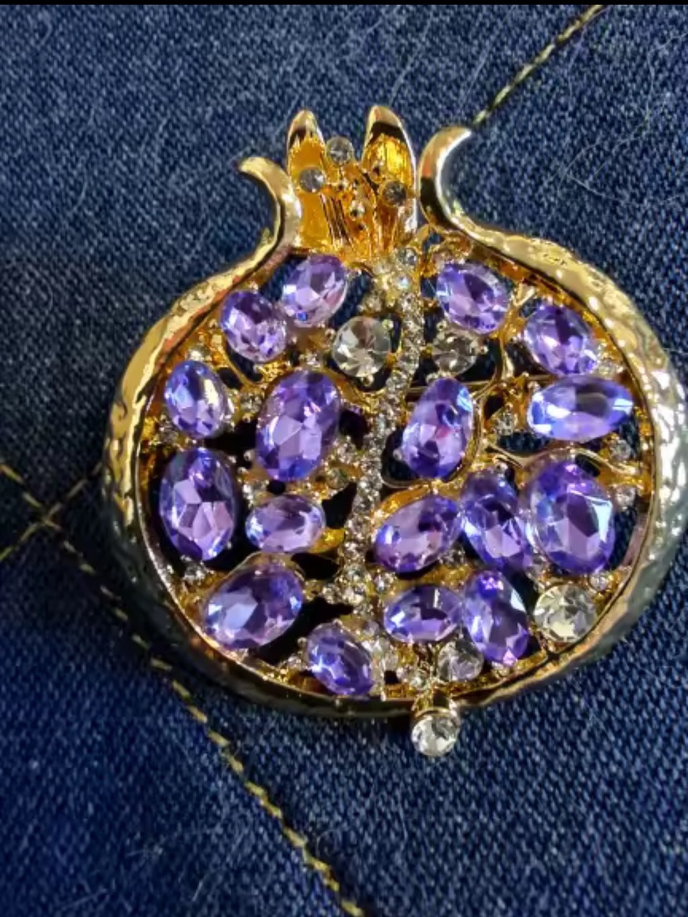 Amethyst Pomegranate Crystal Gold Brooch